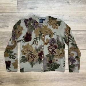 Nina Leonard Lambswool Angora Floral Earth Cardigan Sweater Cottagecore Large